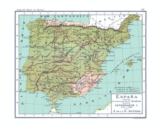 Historic Map - Spain 711 AD to 756 AD - Artero 1879 - 28.65 x 23 - Vintage Wall Art