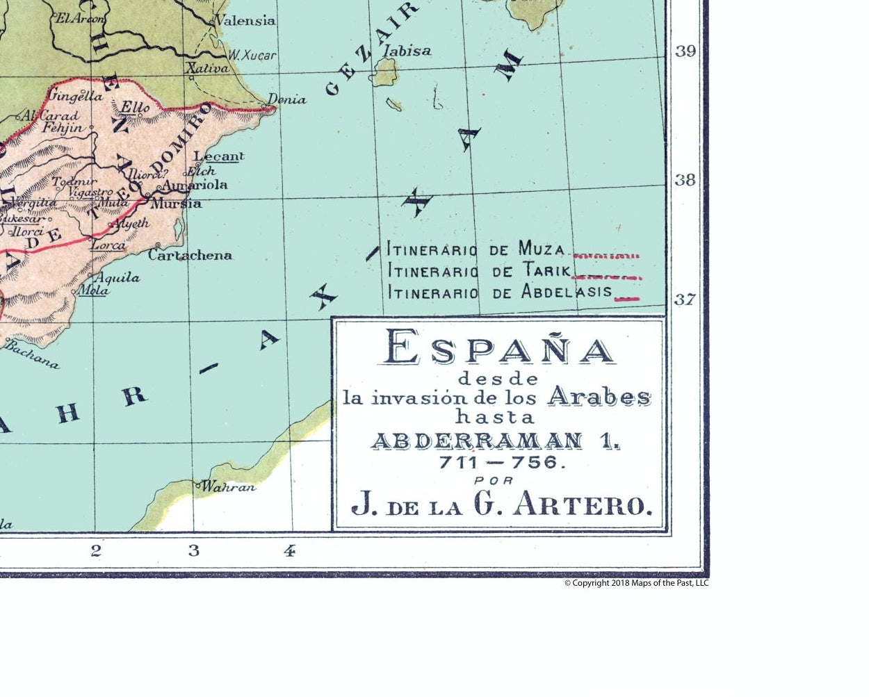 Historic Map - Spain 711 AD to 756 AD - Artero 1879 - 28.65 x 23 - Vintage  Wall Art