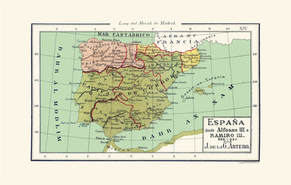 Historic Map - Spain 866 AD to 967 AD - Artero 1879 - 36.26 x 23 - Vintage Wall Art
