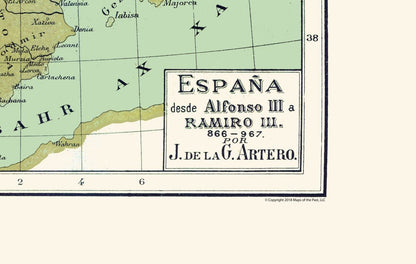 Historic Map - Spain 866 AD to 967 AD - Artero 1879 - 36.26 x 23 - Vintage Wall Art