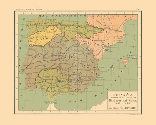 Historic Map - Spain 409 AD to 420 AD - Artero 1879 - 28.70 x 23 - Vintage Wall Art