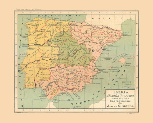 Historic Map - Carthaginian Presence Spain - Artero 1879 - 28.73 x 23 - Vintage Wall Art