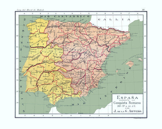 Historic Map - Spain Roman Conquest 201 BC to 27 BC  - Artero 1879 - 28.75 x 23 - Vintage Wall Art