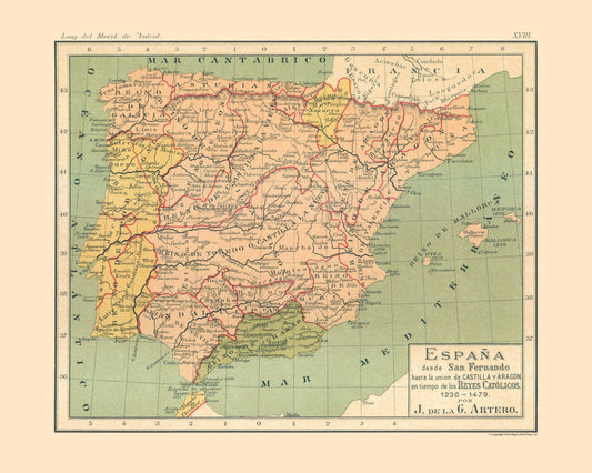 Historic Map - Spain 1230 AD to 1479 AD - Artero 1879 - 28.75 x 23 - Vintage Wall Art