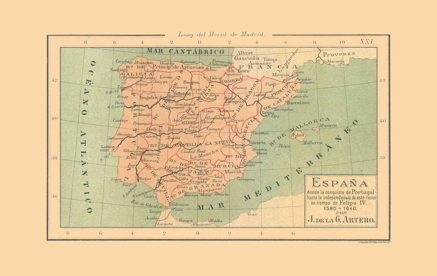 Historic Map - Spain 1580 AD to 1640 AD - Artero 1879 - 36.43 x 23 - Vintage Wall Art