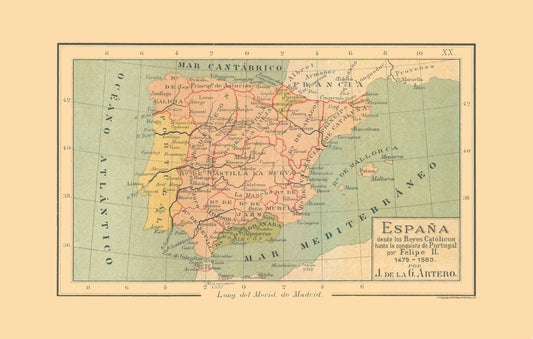 Historic Map - Spain 1479 AD to 1580 AD - Artero 1879 - 36.21 x 23 - Vintage Wall Art