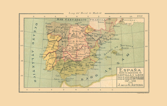 Historic Map - Spain 1157 AD to 1230 AD - Artero 1879 - 36.36 x 23 - Vintage Wall Art