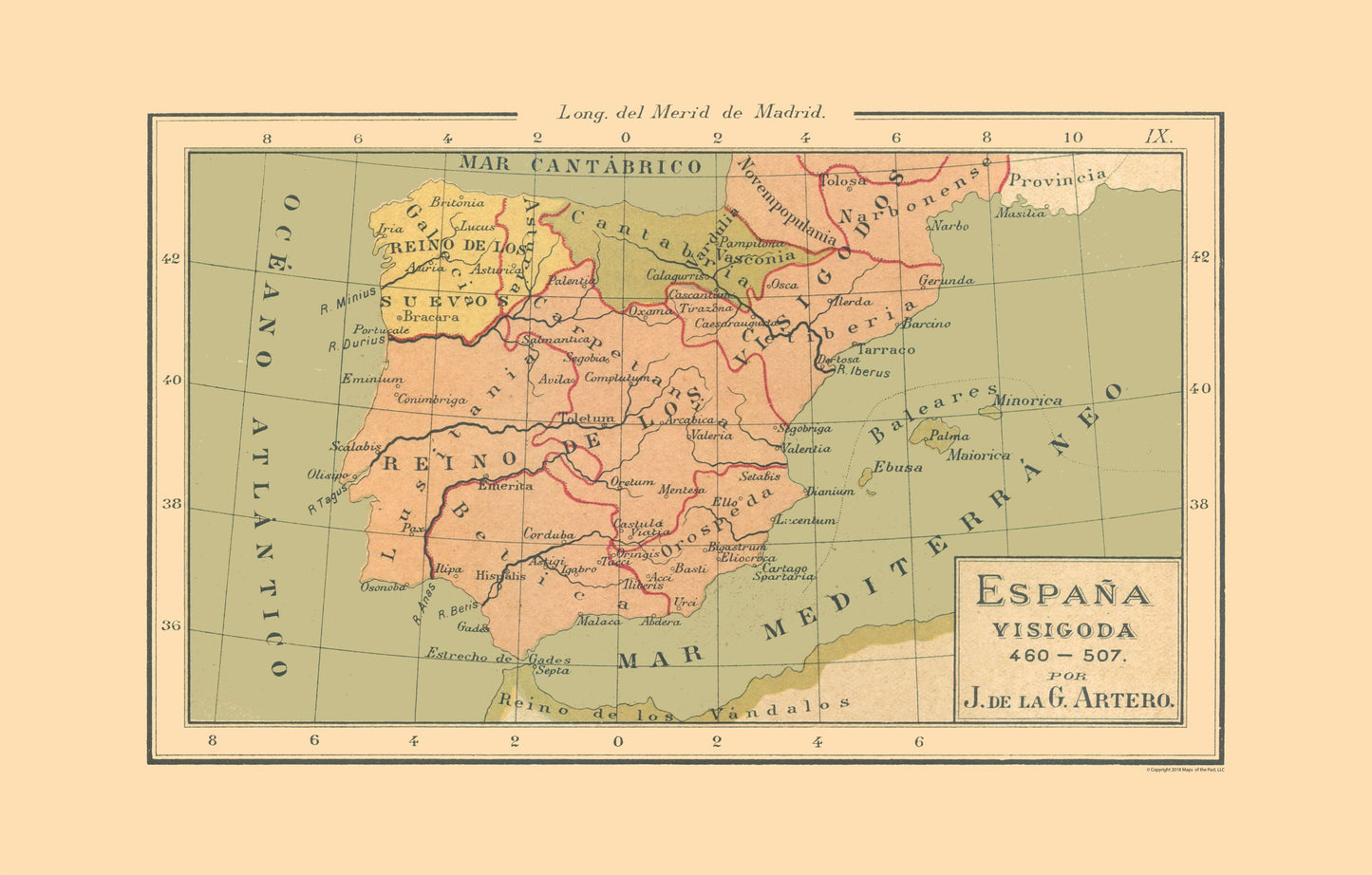 Historic Map - Spain 460 AD to 507 AD - Artero 1879 - 36.04 x 23 - Vintage Wall Art