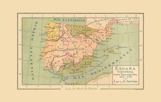 Historic Map - Spain 507 AD to 572 AD - Artero 1879 - 36.11 x 23 - Vintage Wall Art