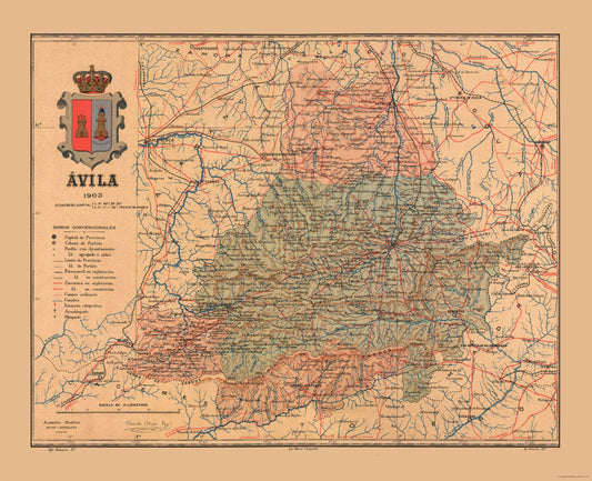 Historic Map - Avila Spain - Martine 1904 - 28.33 x 23 - Vintage Wall Art