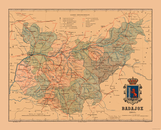 Historic Map - Badajoz Spain - Martine 1904 - 28.46 x 23 - Vintage Wall Art