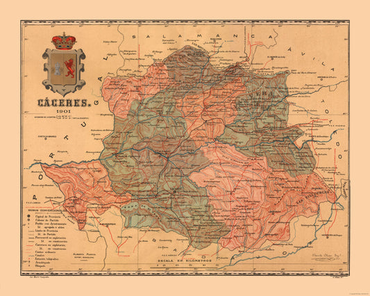 Historic Map - Caceres Spain - Martine 1904 - 28.80 x 23 - Vintage Wall Art