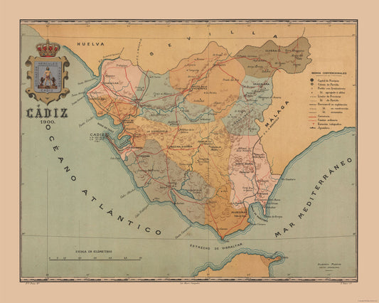 Historic Map - Cadiz Spain - Martine 1904 - 28.78 x 23 - Vintage Wall Art