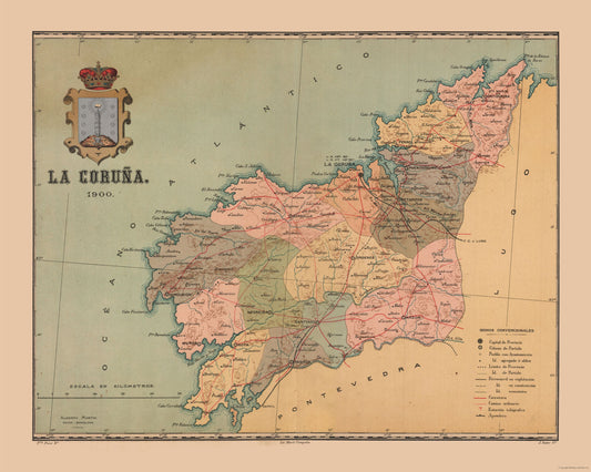 Historic Map - La Coruna Spain - Martine 1904 - 28.81 x 23 - Vintage Wall Art