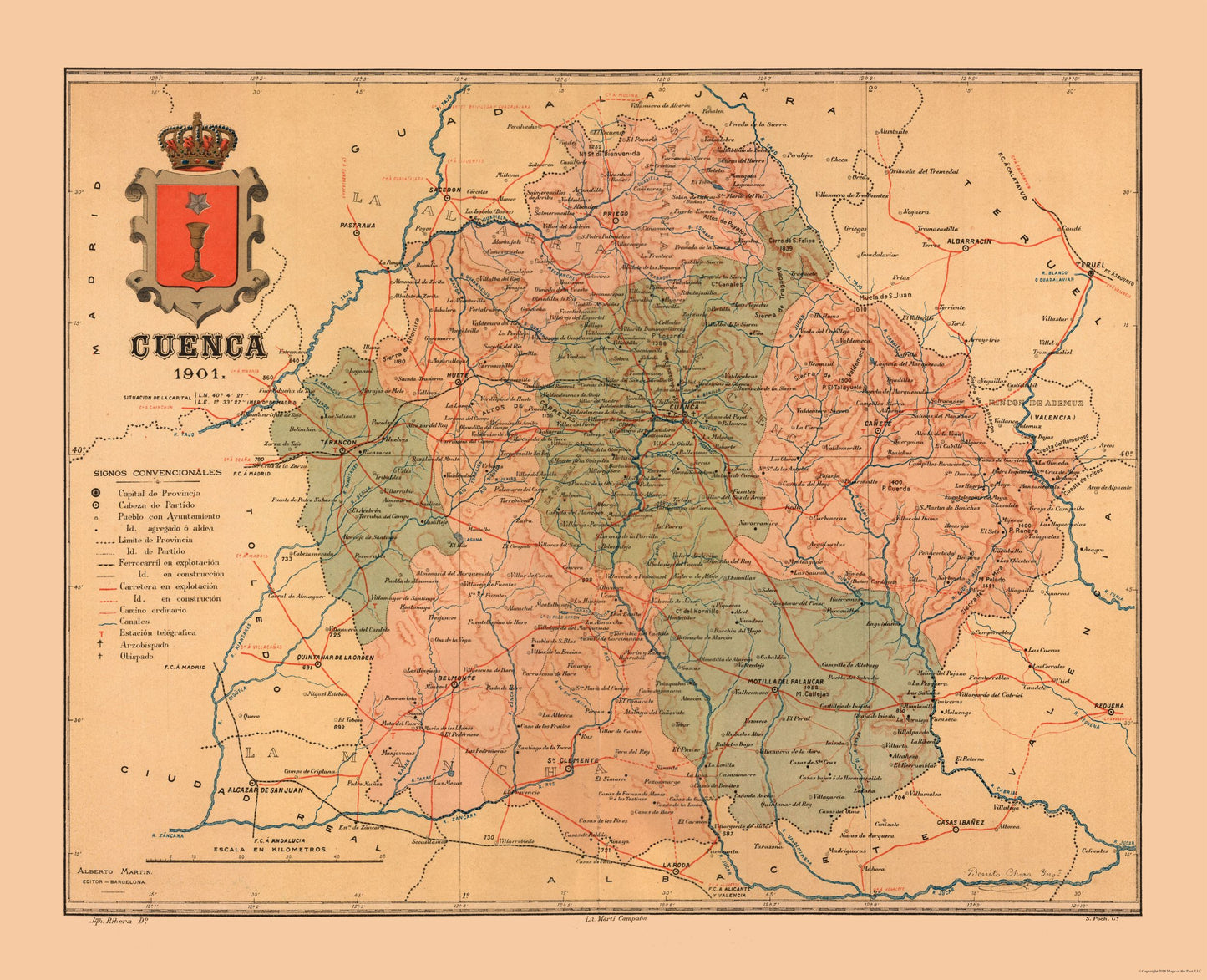 Historic Map - Cuenca Spain - Martine 1904 - 28.34 x 23 - Vintage Wall Art