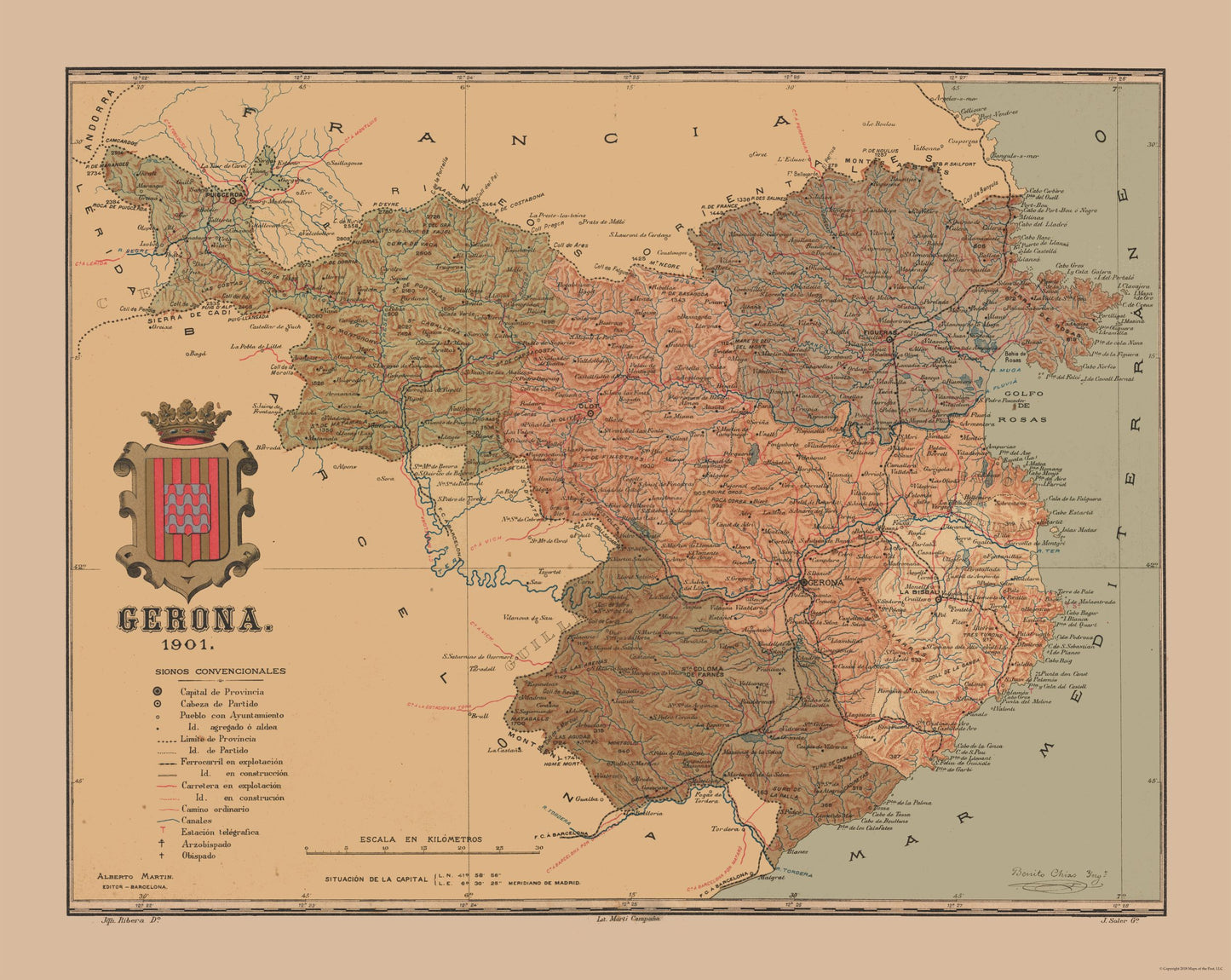 Historic Map - Girona Spain - Martine 1904 - 28.92 x 23 - Vintage Wall Art