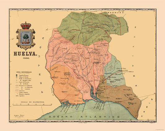 Historic Map - Huelva Spain - Martine 1904 - 28.95 x 23 - Vintage Wall Art