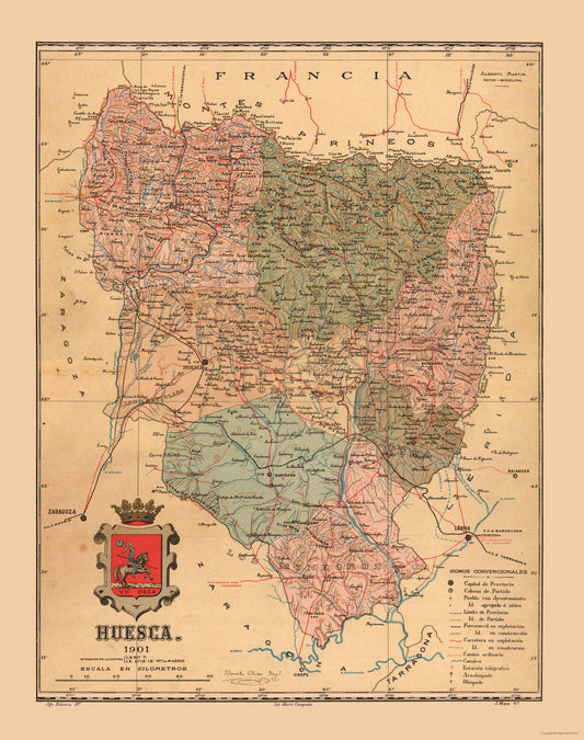 Historic Map - Huesca Spain - Martine 1904 - 23 x 29.12 - Vintage Wall Art