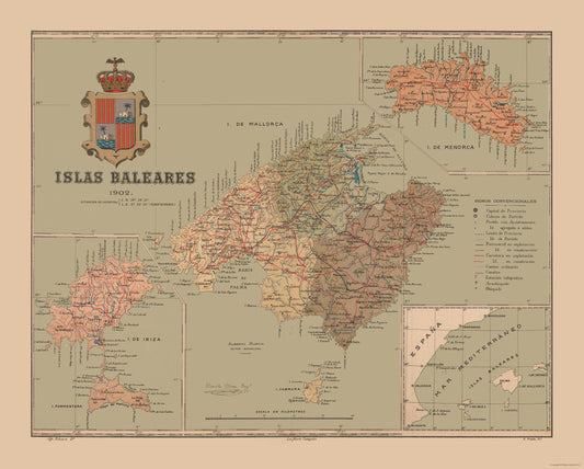 Historic Map - Balearic Islands Spain - Martine 1904 - 28.65 x 23 - Vintage Wall Art