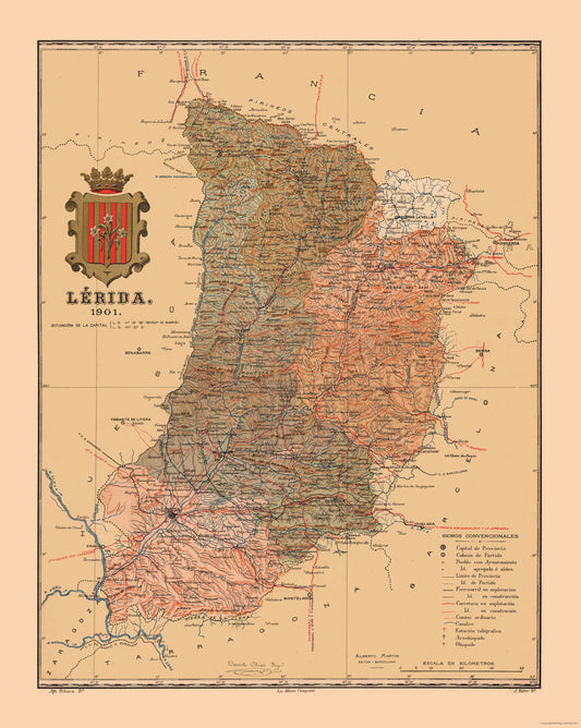 Historic Map - Lleida Spain - Martine 1904 - 23 x 28.83 - Vintage Wall Art