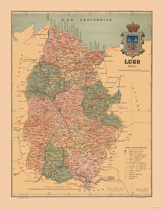 Historic Map - Lugo Spain - Martine 1904 - 23 x 29.45 - Vintage Wall Art