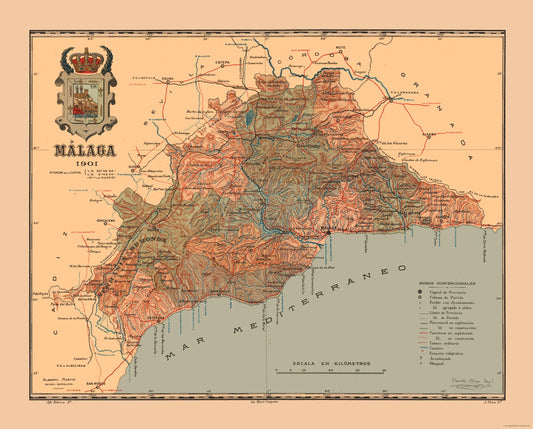 Historic Map - Malaga Spain - Martine 1904 - 28.61 x 23 - Vintage Wall Art