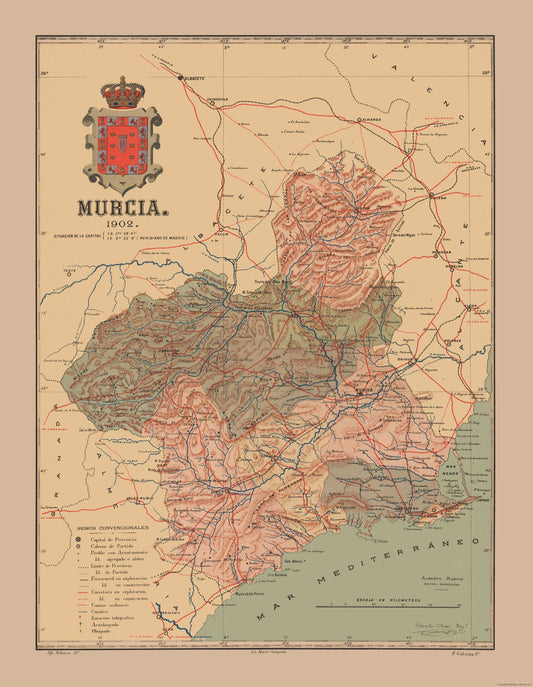 Historic Map - Murcia Spain - Martine 1904 - 23 x 29.64 - Vintage Wall Art