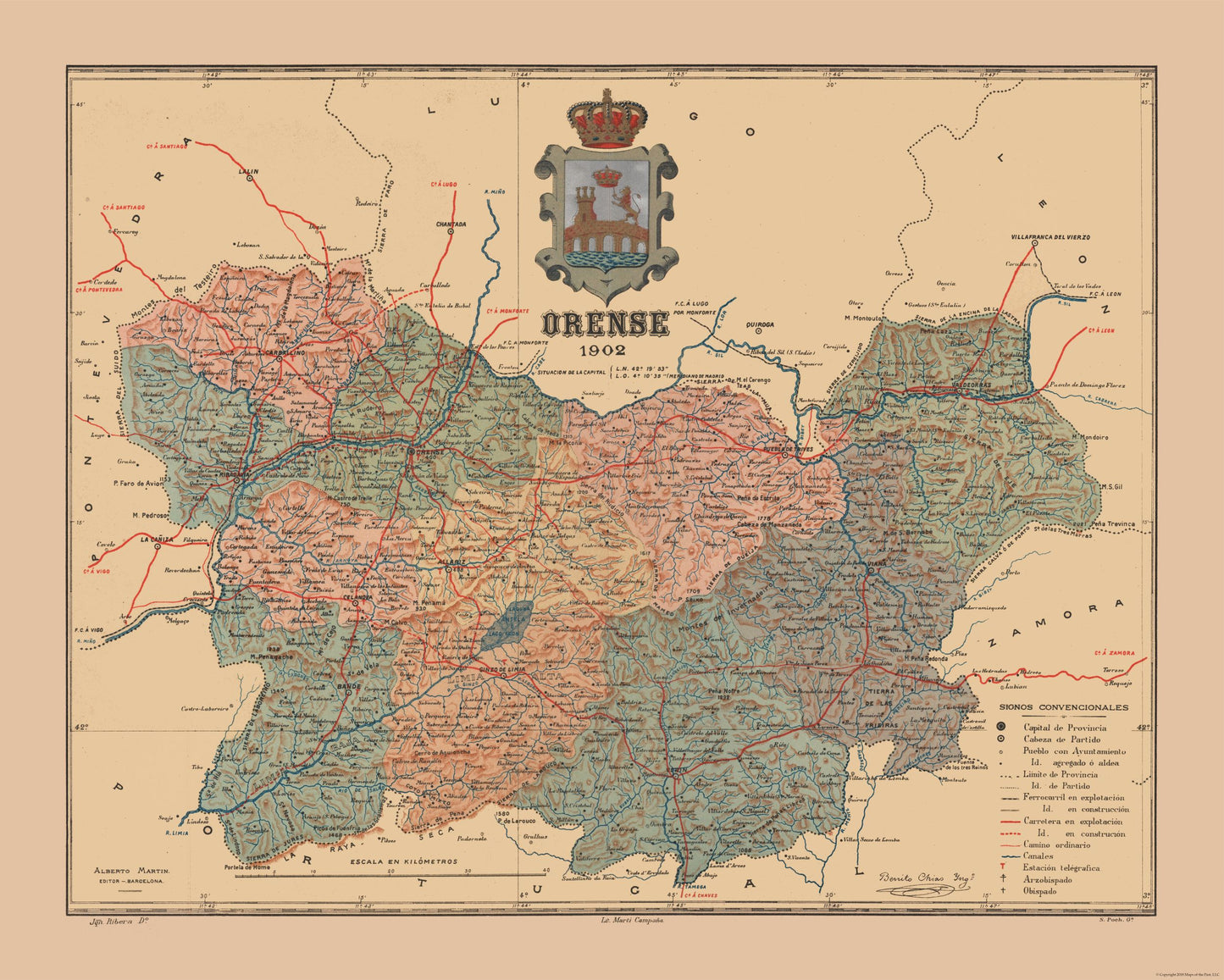 Historic Map - Ourense Spain - Martine 1904 - 28.72 x 23 - Vintage Wall Art