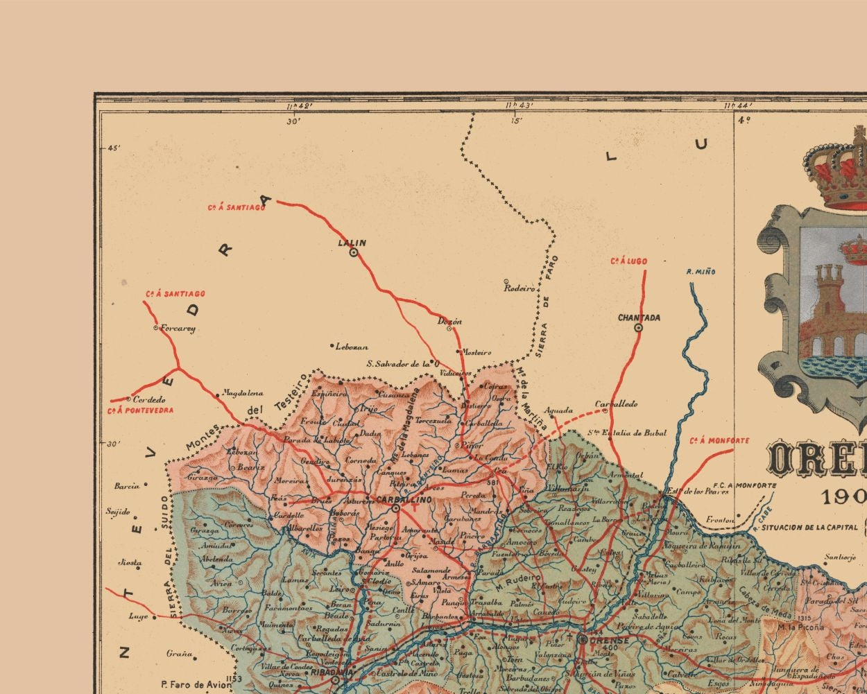 Historic Map - Ourense Spain - Martine 1904 - 28.72 x 23 - Vintage Wall Art