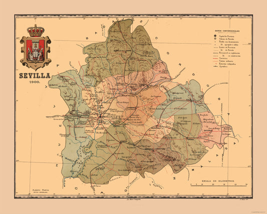 Historic Map - Seville Spain - Martine 1904 - 28.65 x 23 - Vintage Wall Art