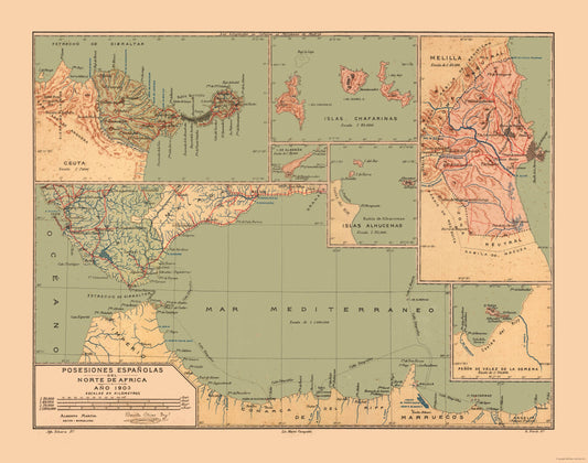 Historic Map - Spanish Possessions North Africa - Martine 1904 - 29.19 x 23 - Vintage Wall Art