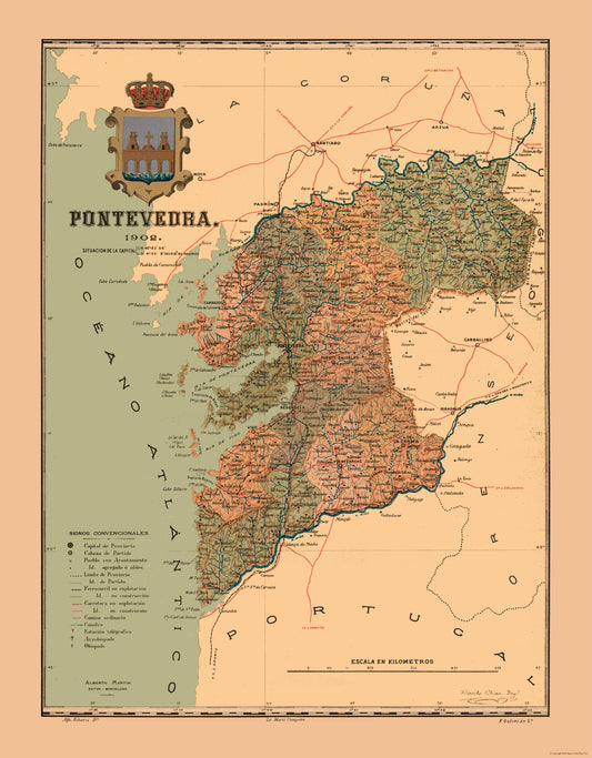 Historic Map - Pontevedra Spain - Martine 1904 - 23 x 29.49 - Vintage Wall Art