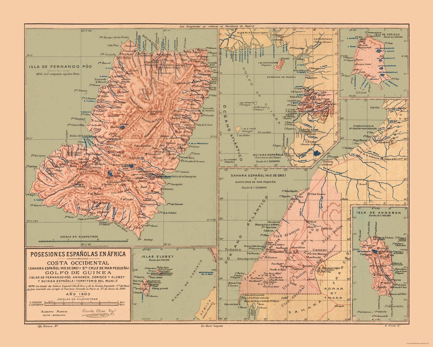 Historic Map - Spanish Possessions Africa - Martine 1904 - 28.69 x 23 - Vintage Wall Art