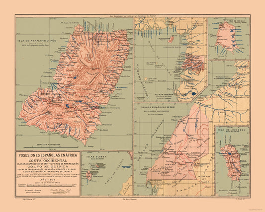 Historic Map - Spanish Possessions Africa - Martine 1904 - 28.69 x 23 - Vintage Wall Art