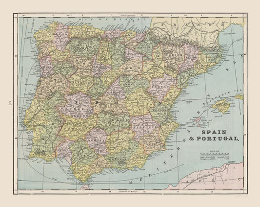 Historic Map - Spain Portugal - Cram 1892 - 28.97 x 23 - Vintage Wall Art
