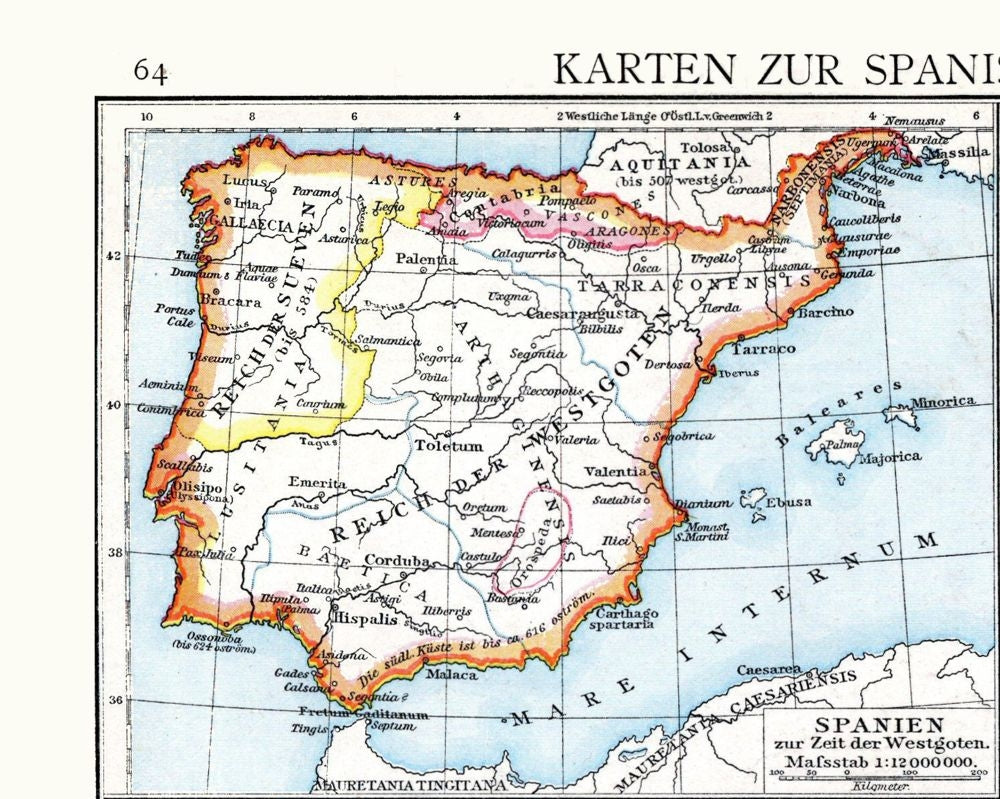 Historic Map - Spain Historic - Droysen 1886 - 28.77 x 23 - Vintage Wall Art