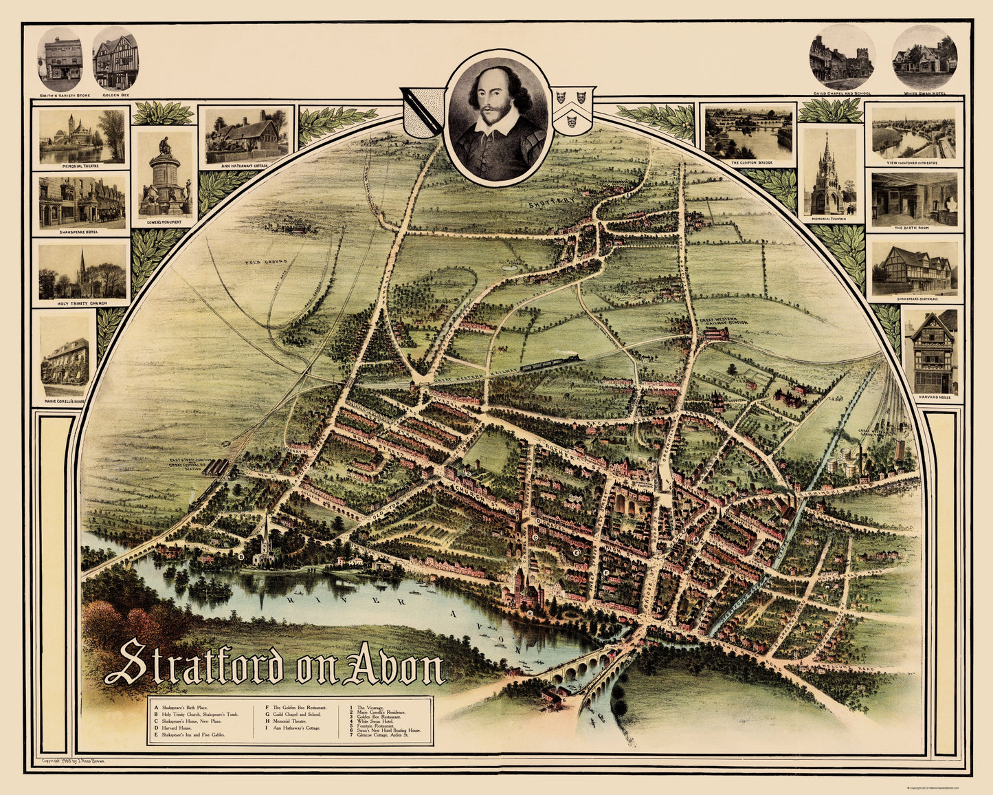 Historic Map - Stratford on Avon England - Brown 1908 - 23 x 28 - Vintage Wall Art