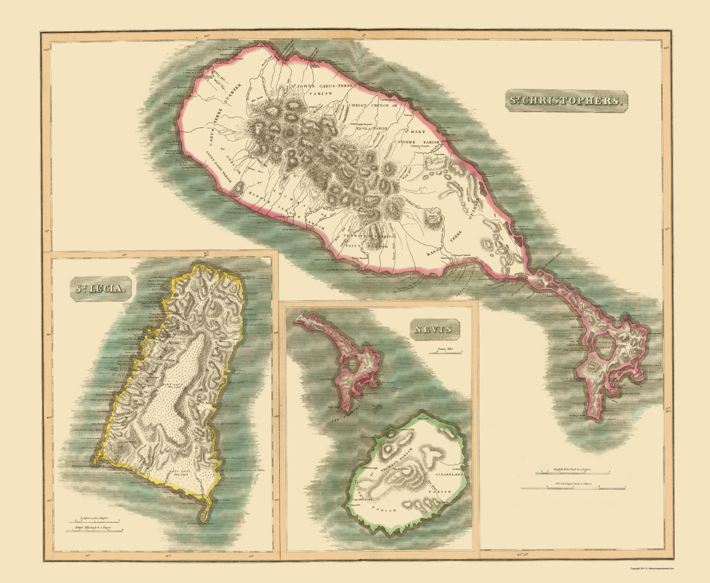 Historic Map - St Christophers St Lucia Nevis - Thomson 1815 - 23 x 28 - Vintage Wall Art