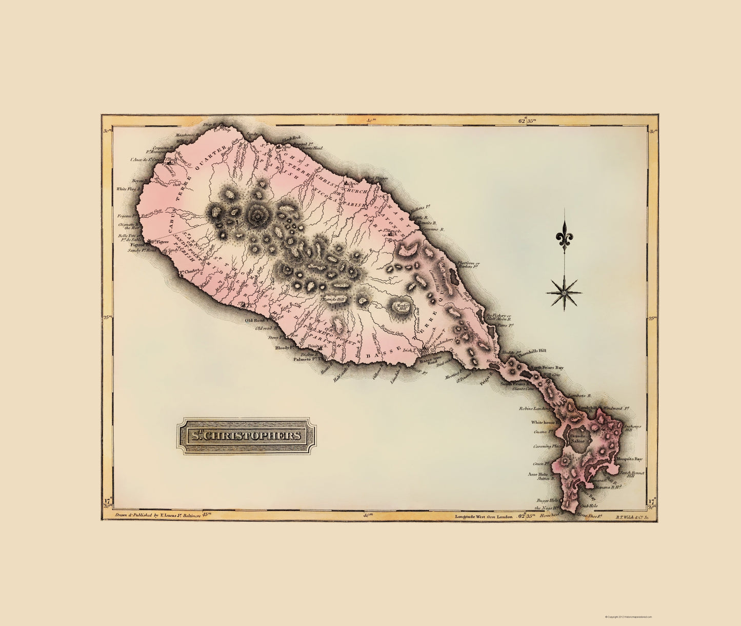 Historic Map - St Kitts St Christophers Caribbean - Lucas 1823 - 23 x 27.24 - Vintage Wall Art