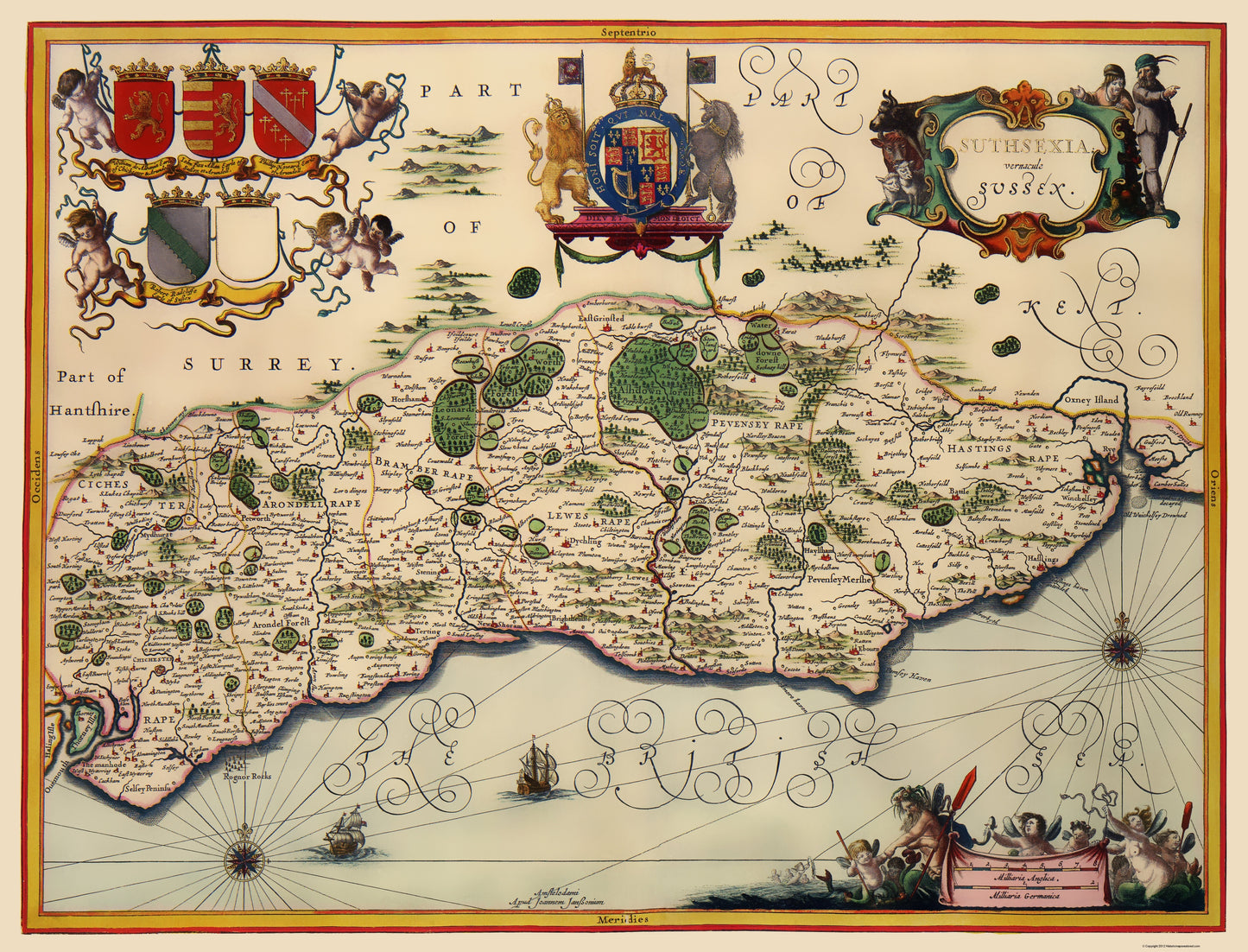 Historic Map - Sussex County England - Jansson 1646 - 23 x 30.16 - Vintage Wall Art