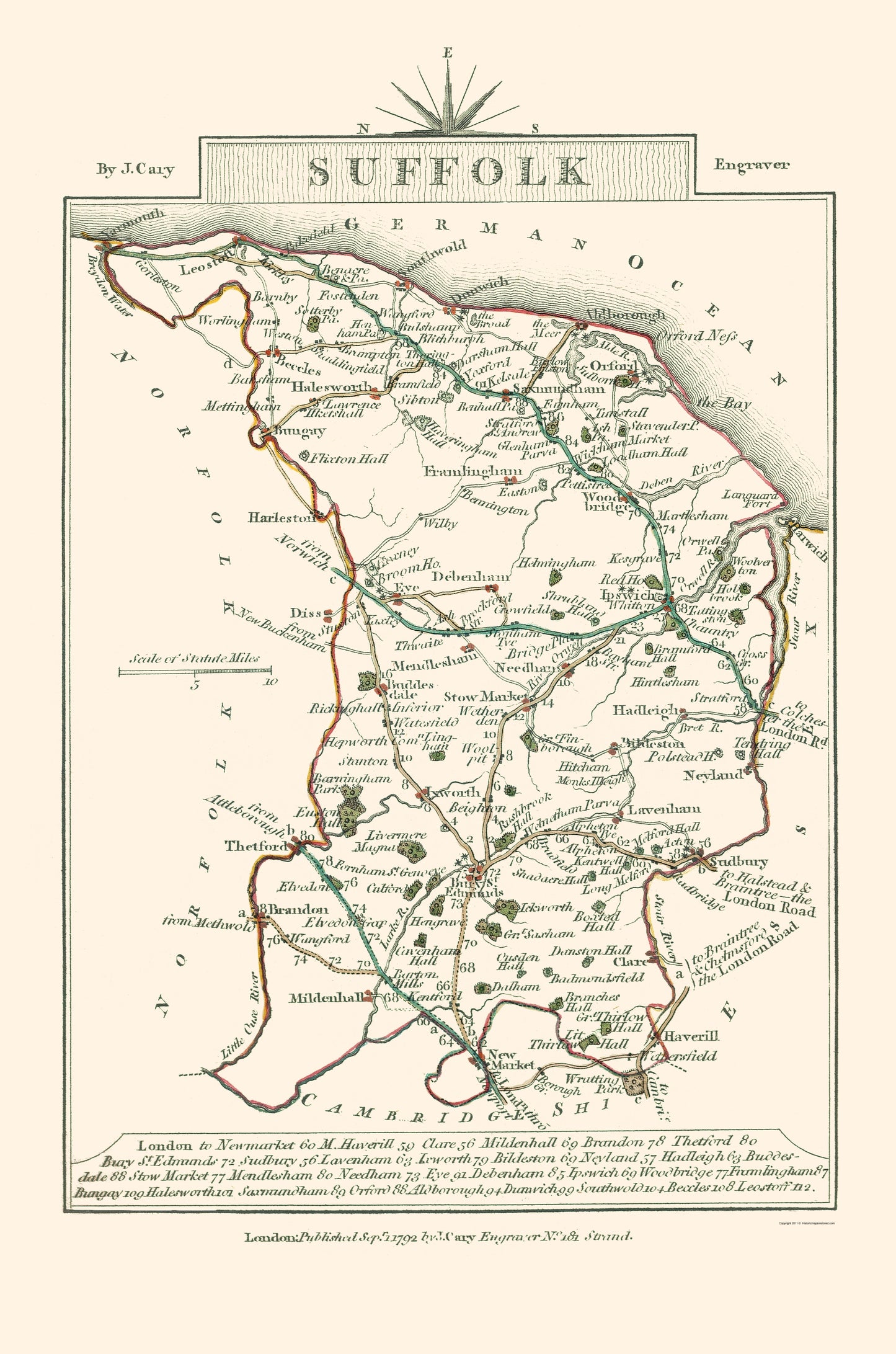 Historic Map - Suffolk County England - Cary 1792 - 23 x 34.75 - Vintage Wall Art