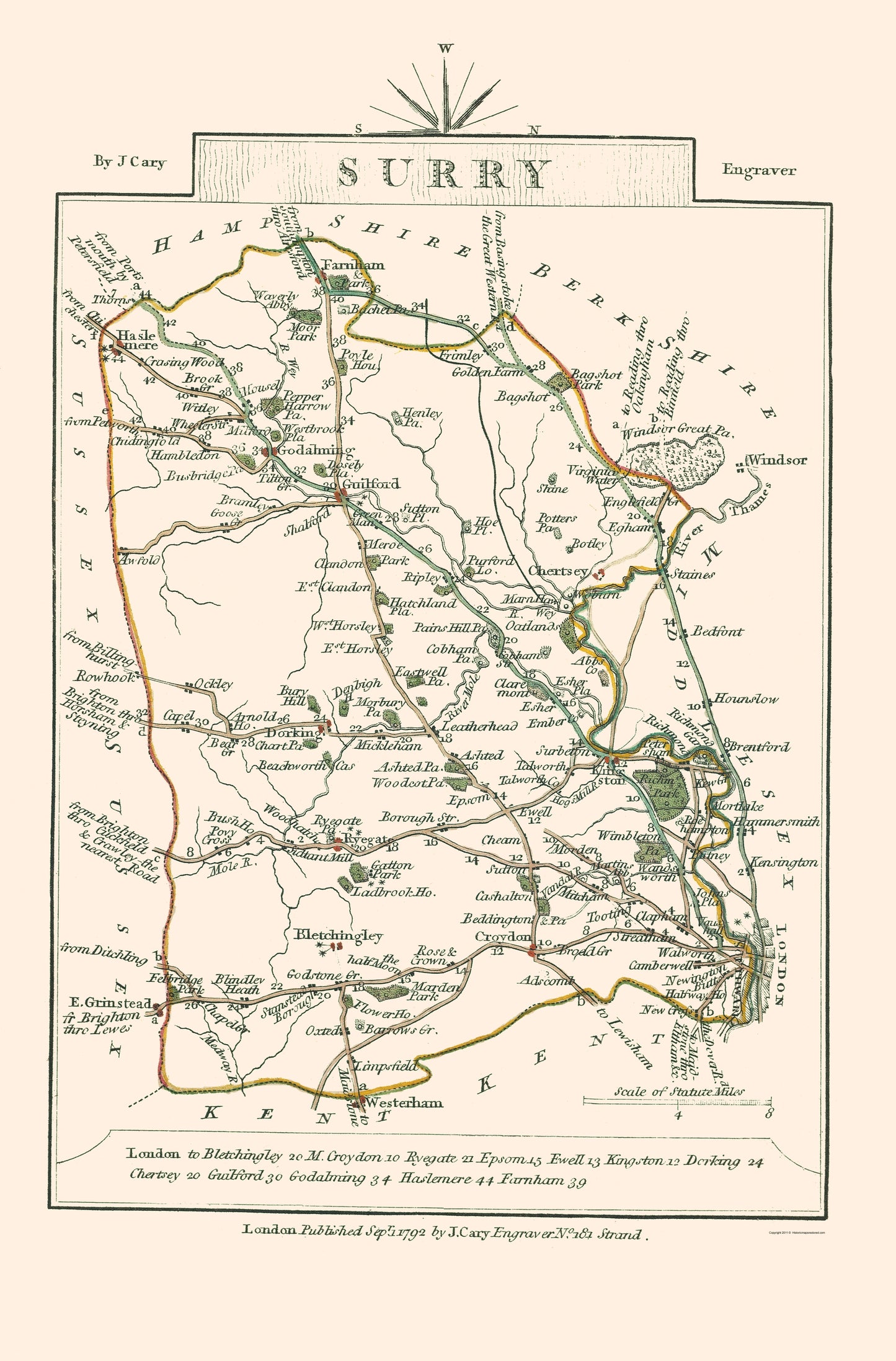 Historic Map - Surrey County England - Cary 1792 - 23 x 34.92 - Vintage Wall Art