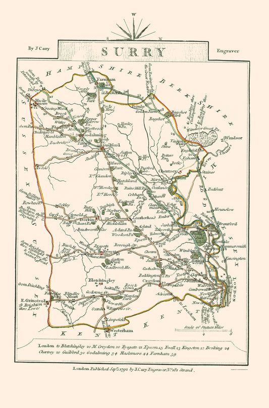 Historic Map - Surrey County England - Cary 1792 - 23 x 34.92 - Vintage Wall Art