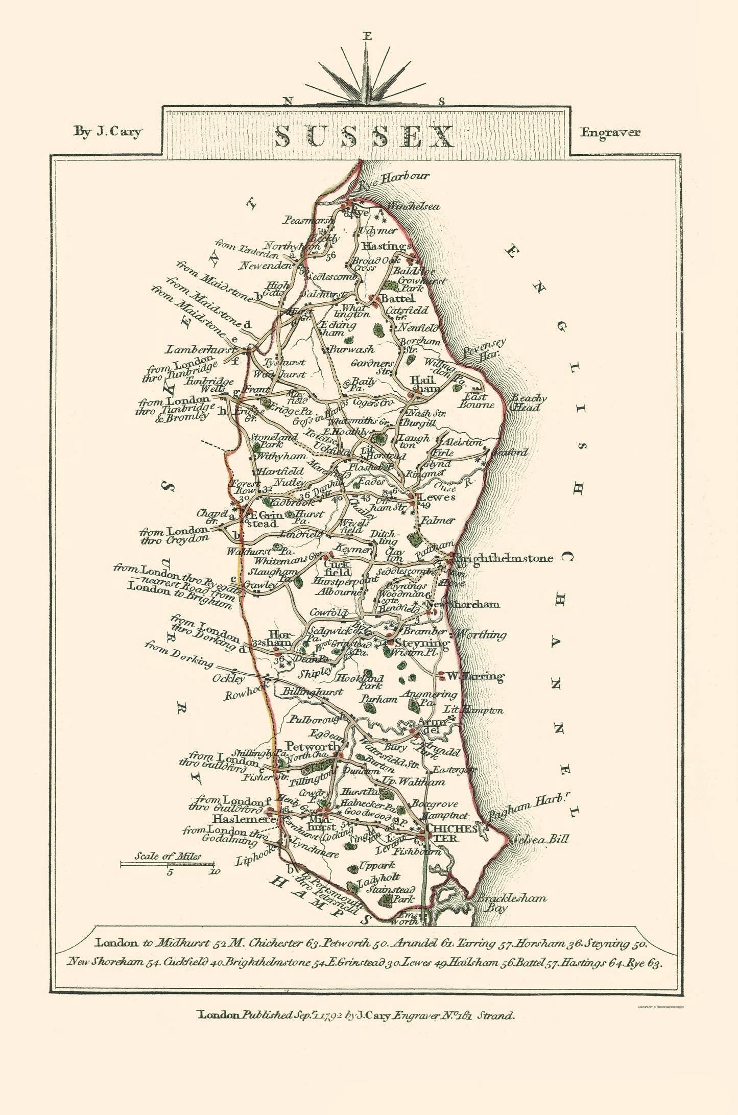 Historic Map - Sussex County England - Cary 1792 - 23 x 34.76 - Vintage Wall Art