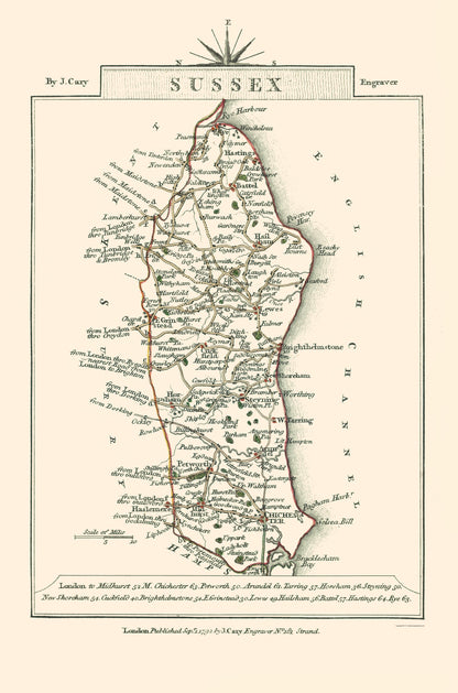 Historic Map - Sussex County England - Cary 1792 - 23 x 34.76 - Vintage Wall Art