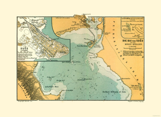 Historic Map - Suez Egypt - Baedeker 1913 - 31.52 x 23 - Vintage Wall Art