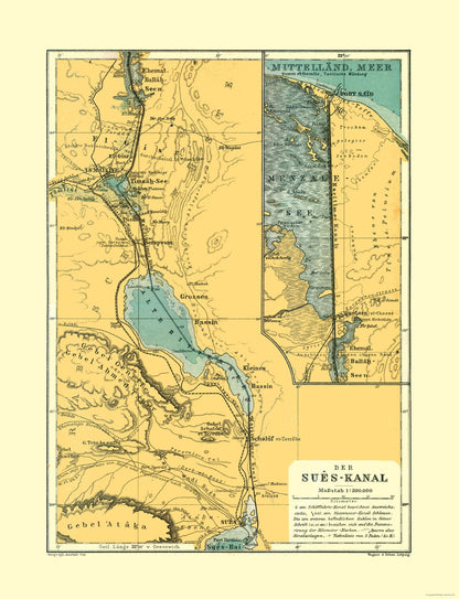 Historic Nautical Map - Egypt Suez Canal - Baedeker 1913 - 23 x 30.02 - Vintage Wall Art