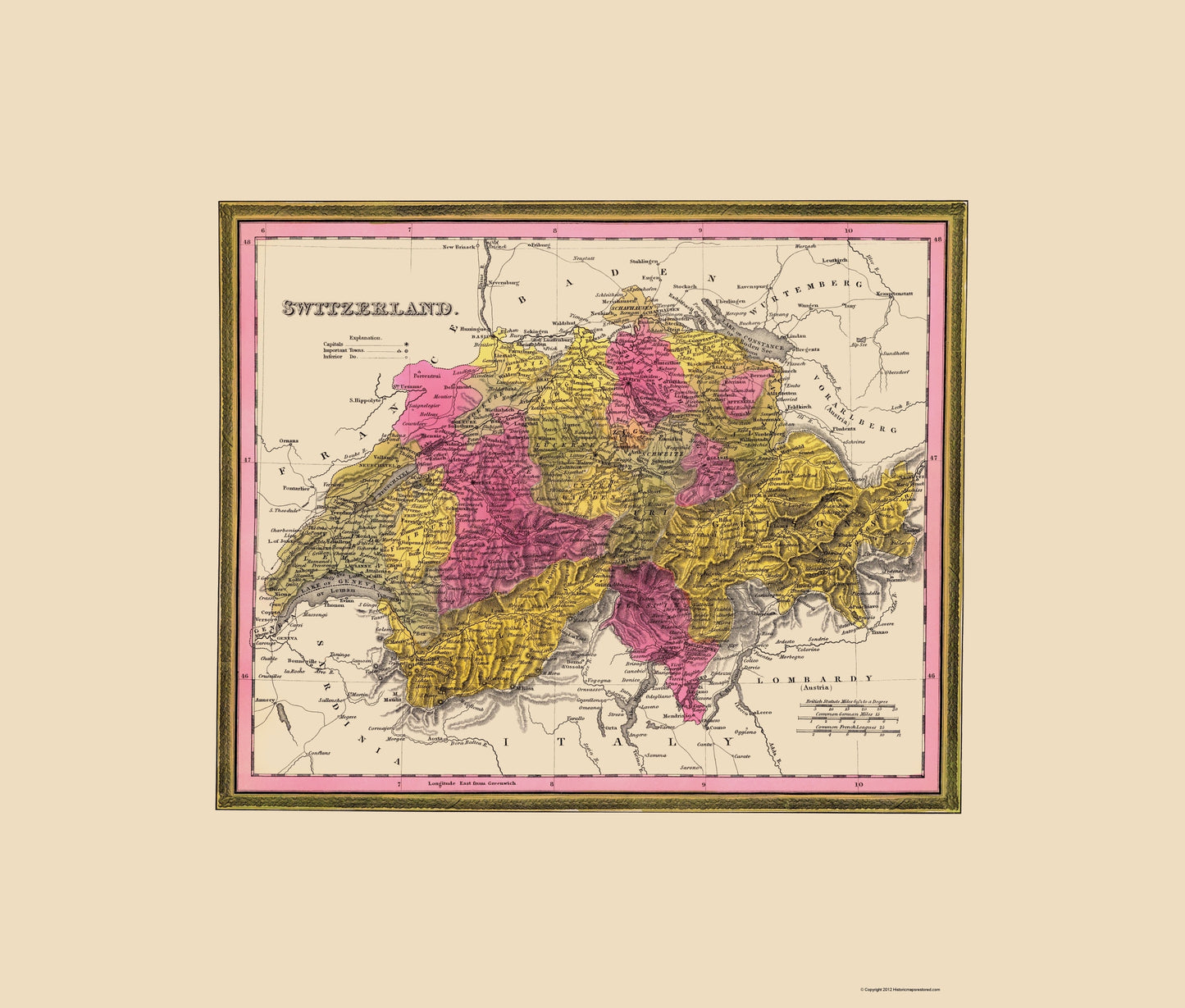 Historic Map - Switzerland - Mitchell 1846 - 23 x 27.05 - Vintage Wall Art