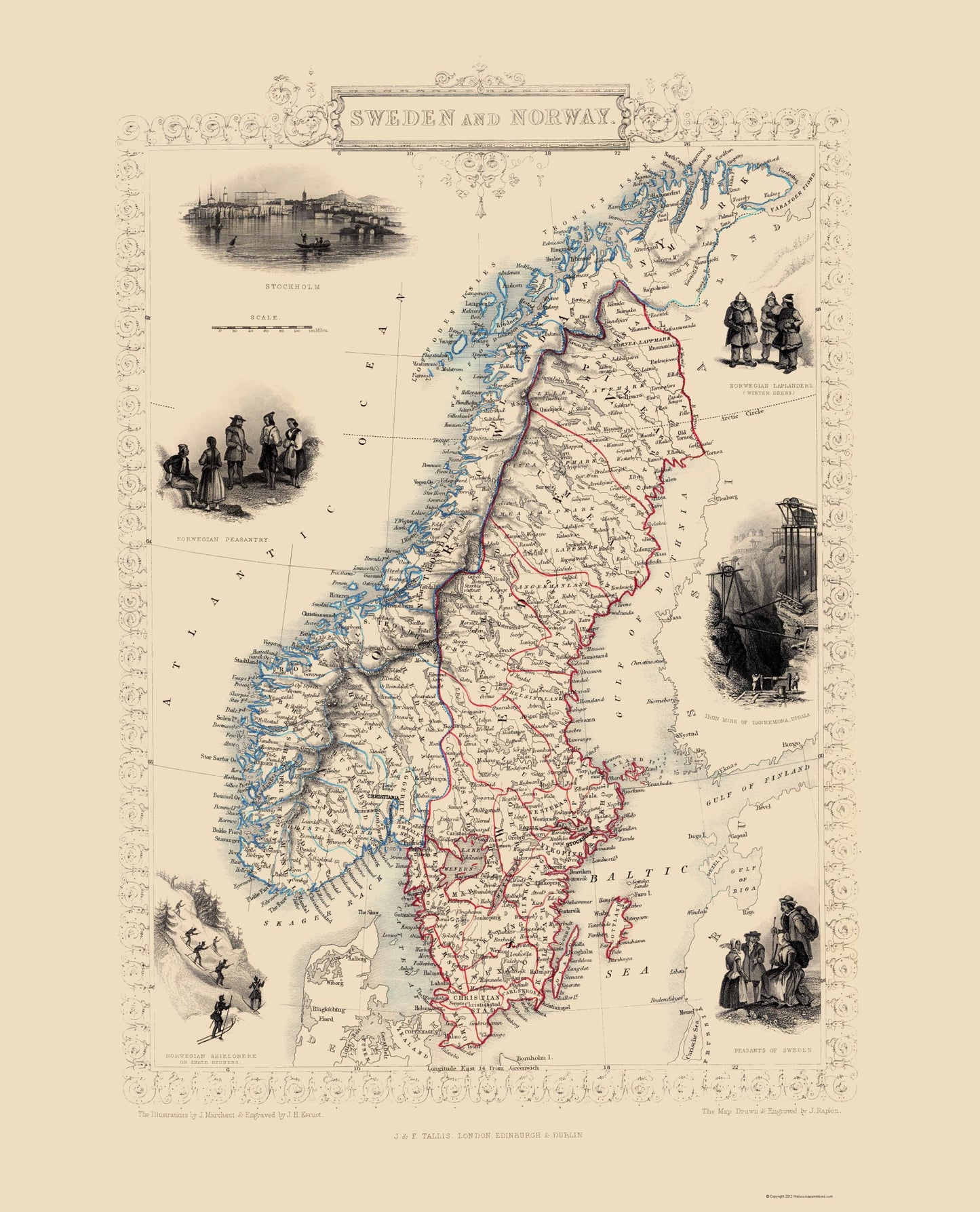 Historic Map - Sweden Norway - Tallis 1851 - 23 x 28.45 - Vintage Wall Art