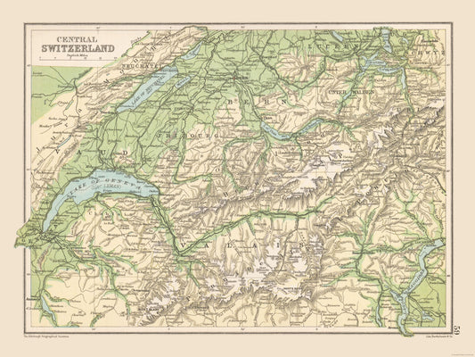 Historic Map - Switzerland Central - Bartholomew 1892 - 30.65 x 23 - Vintage Wall Art